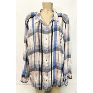 Cato Shirt Plus 26w 28w 58” Button Down  Long Sleeve Blouse Top Pink Blue Plaid